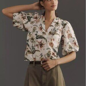 Anthropologie V-Neck Puff-Sleeve Popover Blouse White Floral Womens Size M NEW